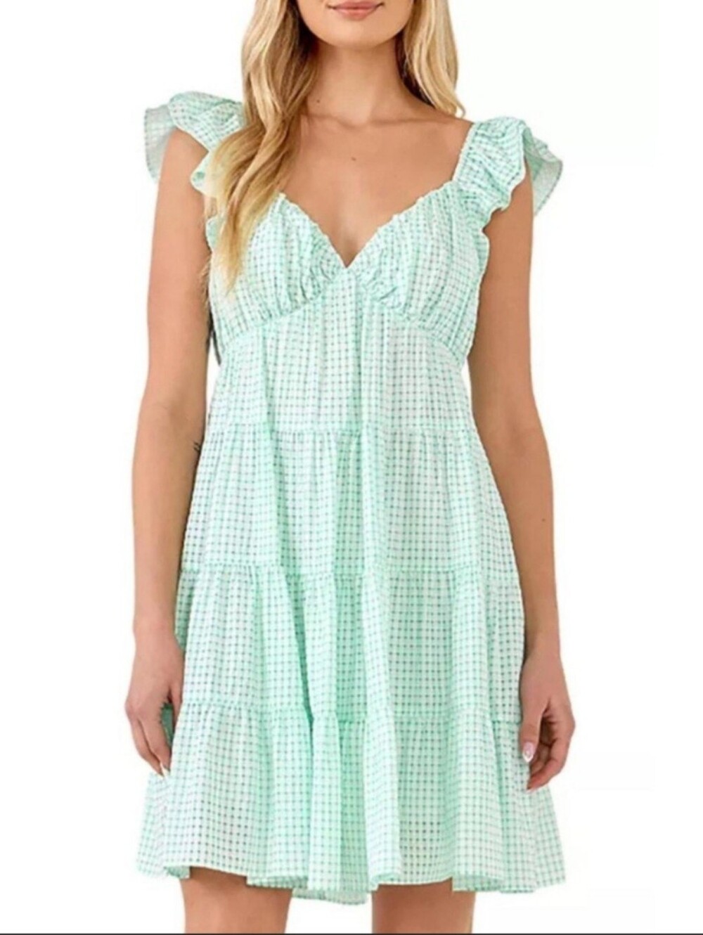 English Factory Ruffle Sleeve Plaid Tier Mini Dress